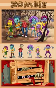 Zombies walking in the forest Stock Illustration