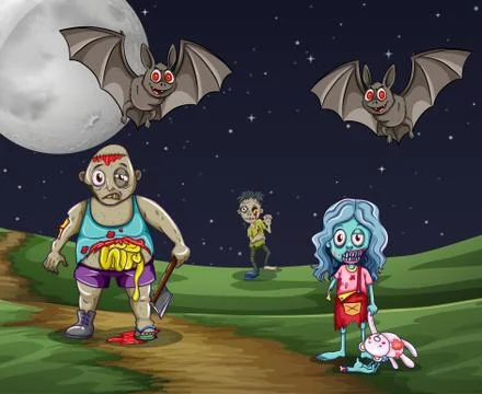 Zombies walking on the ground at night Stock Illustration