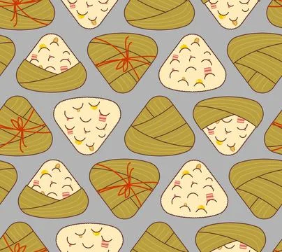 Zongzi pattern seamless. Chinese dish of rice with fillings wrapped in bamb.. Stock Illustration