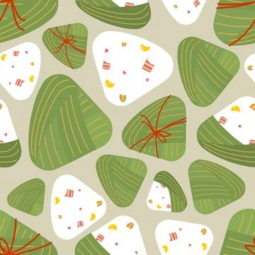 Zongzi pattern seamless. Chinese dish of rice with fillings wrapped in bamb.. Stock Illustration