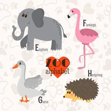 Zoo alphabet with funny animals. E, f, g, h letters. Elephant, flamingo, go.. Stock Illustration