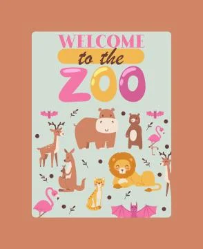 Zoo animals poster, vector illustration. Zoological card with cute cartoon Stock Illustration