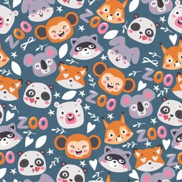 Zoo animals seamless pattern, vector illustration. Cute cartoon characters Stockillustratie