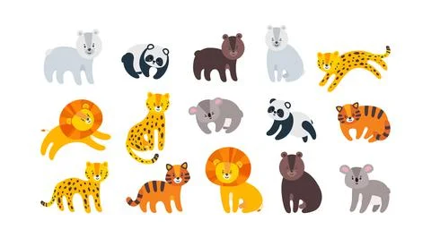 Zoo animals set with lion, leopard, tiger and bears. Big collection of wild Stock Illustration