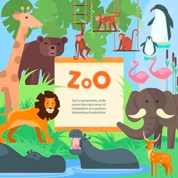 Zoo animals vector poster template Illustrazione stock