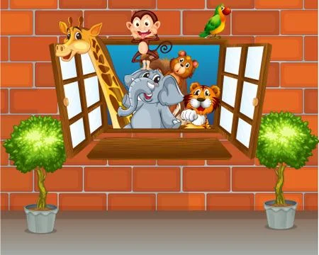 Zoo animals at the window 스톡 일러스트