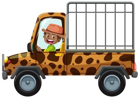 Zoo concept with driver man drives cage car isolated Stock Illustration