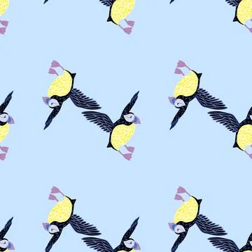 Zoo decorative seamless pattern with abstract puffin bird elements. Light blu Stock Illustration