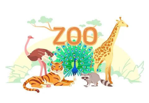 Zoo flat web banner. Group of cartoon animals on white horizontal cover or Stock Illustration