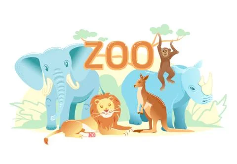 Zoo flat web banner. Group of cartoon animals on white horizontal cover or Stock Illustration