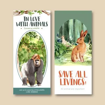 Zoo flyer design with gorilla, rabbit, meerkat watercolor illustration. Illustrazione stock