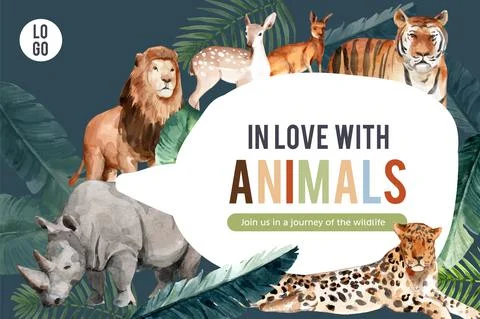 Zoo frame design with tiger, kangaroo, rhino watercolor illustration. Stock Illustration