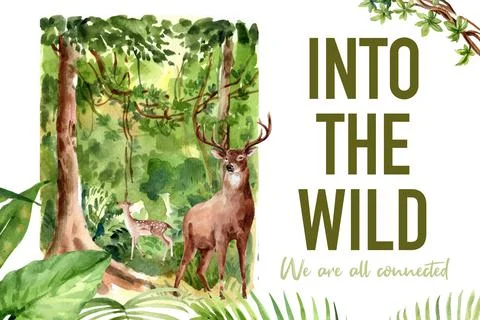 Zoo frame design with tree, deer watercolor illustration. Stock Illustration