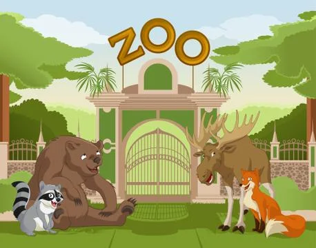 Zoo gate with forest animals 1 Stock Illustration