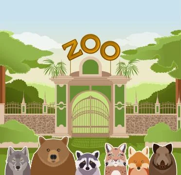 Zoo gate with forest animals Stock Illustration