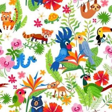 Zoo Jungle pattern. A tropical bird background. Stock Illustration