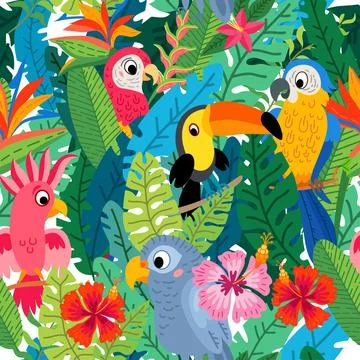 Zoo Jungle pattern. A tropical bird background. Stock Illustration