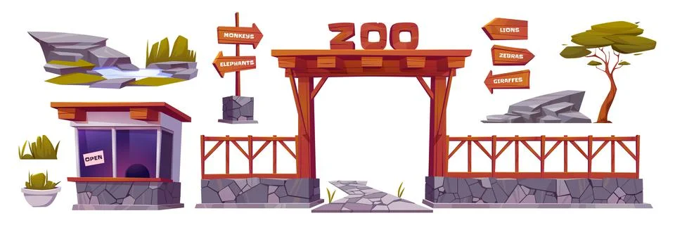 Zoo landscape elements cartoon vector set isolated Stock Illustration