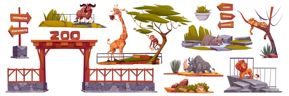 Zoo landscape elements cartoon vector set isolated Stock Illustration