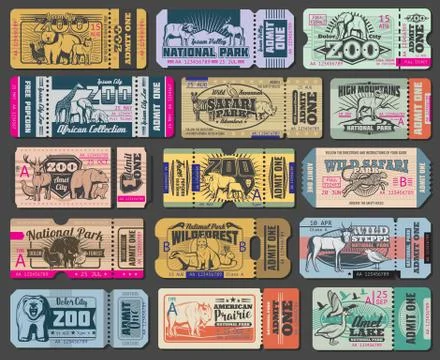 Zoo park wild animals vector entrance tickets Ilustración de archivo