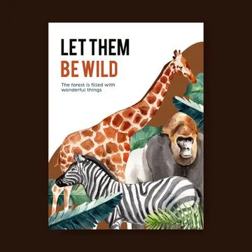Zoo poster design with monkey, zebra, giraffe watercolor illustration. Illustrazione stock