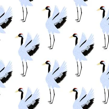Zoo seamless isolated doodle pattern with blue colored cute crane bird orname Stock Illustration