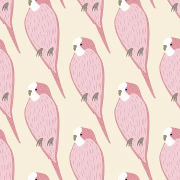 Zoo seamless pattern in hand drawn style with pink parrot bird shapes. Light  Stock Illustration