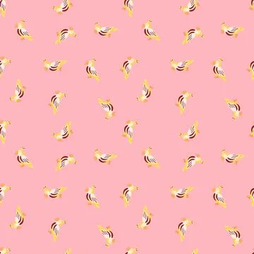 Zoo seamless pattern with random little yellow parrots print. Pink background Illustrazione stock