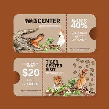 Zoo ticket design with crocodile, leopard, rabbit watercolor illustration. Stock Illustration