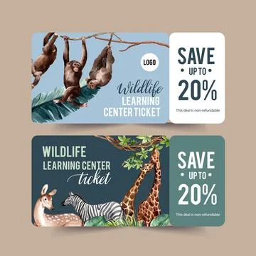 Zoo ticket design with giraffe, monkey watercolor illustration. Stock Illustration
