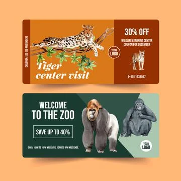 Zoo ticket design with leopard, tiger,  watercolor illustration. Stock Illustration