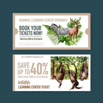 Zoo ticket design with zebra, monkey watercolor illustration. Illustrazione stock