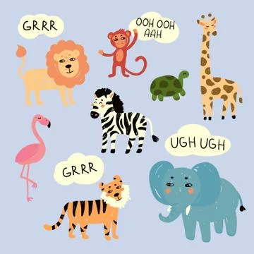 Zoo wild animals making characteristic sounds Stock Illustration