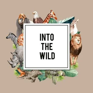 Zoo wreath design with eagle, gorilla, giraffe, rhino watercolor illustration Stock Illustration