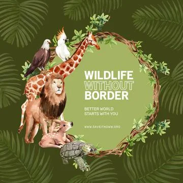 Zoo wreath design with giraffe, bird, lion watercolor illustration, Stock Illustration