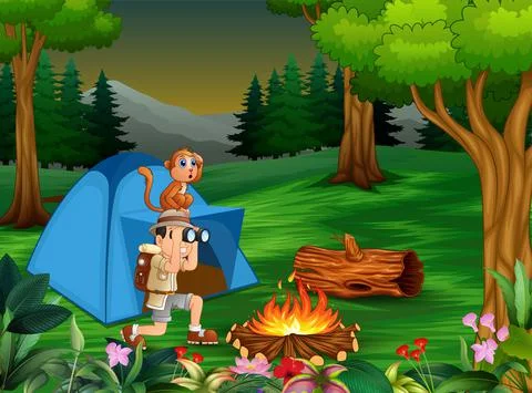 Zookeeper boy and his monkey camping in the dark forest Stock Illustration