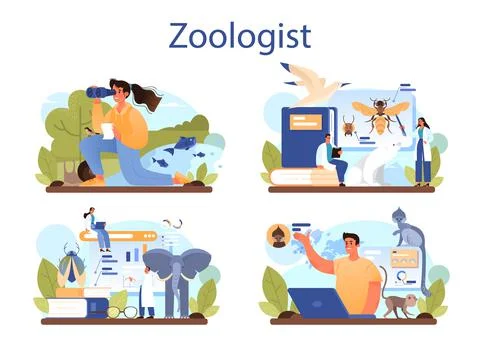 Zoologist concept set. Scientist exploring and studying fauna. Wild animal Stock Illustration