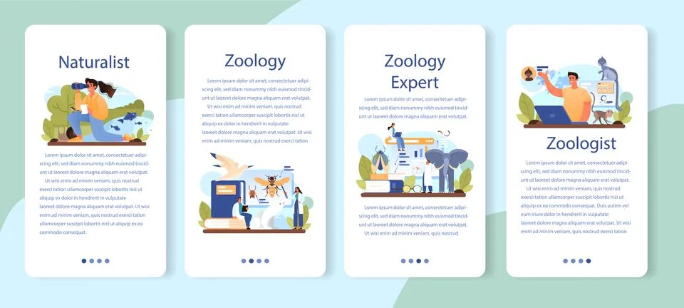 Zoologist mobile application banner set. Scientist exploring and studying fauna Stock Illustration