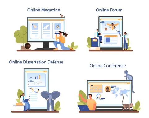 Zoologist online service or platform set. Scientist exploring and studying fauna Stock Illustration