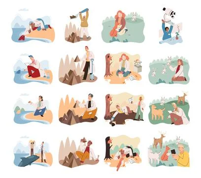 Zoologist study forest wild animals in their natural habitat. Study of living Stock Illustration