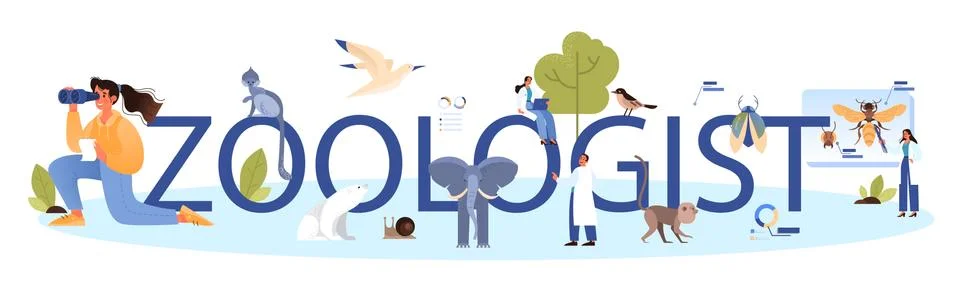 Zoologist typographic header. Scientist exploring and studying fauna Stock Illustration