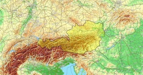 Zoom to Austria Map. Cities, State Borders, Main Roads, Elevation Data. Stockbeeldmateriaal 105206769