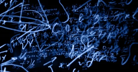 Zoom in to blue math formulas on black background Stock Footage