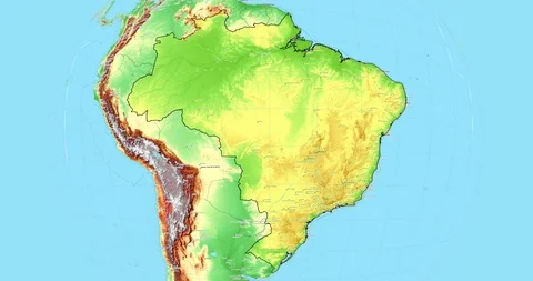 Zoom to Brazil Map. Cities, State Borders, Main Roads, Elevation Data. Stock Footage 105889117