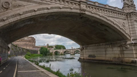 Zoom in in the bridge hyperlapse by the Tibre river in front Castel Stock Footage 160528458