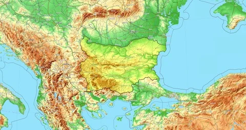 Zoom to Bulgaria Map. Cities, State Borders, Main Roads, Elevation Data. Stockbeeldmateriaal 105317904