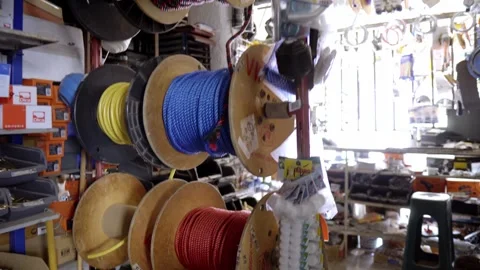 Zoom in on cable spools inside hardware store Video stock 331271870