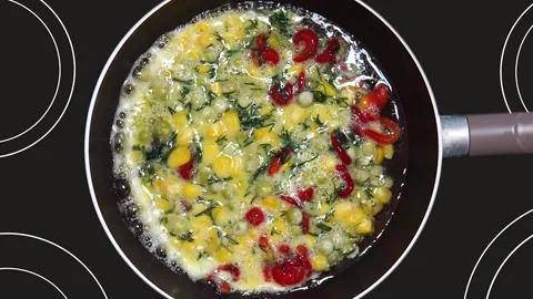 Zoom camera. Fried eggs with frozen vegetables are fried in a hot pan. Stock-Footage 139744501