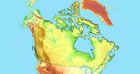 Zoom to Canada Map. Cities, State Borders, Main Roads, Elevation Data. Stock Footage 105889653