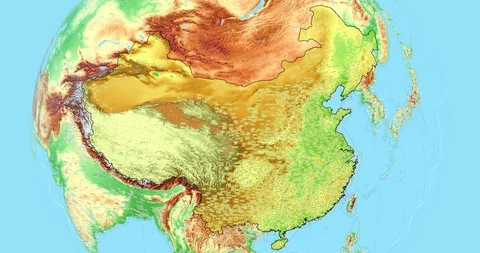 Zoom to China Map. Cities, State Borders, Main Roads, Elevation Data. Stock Footage 105888790
